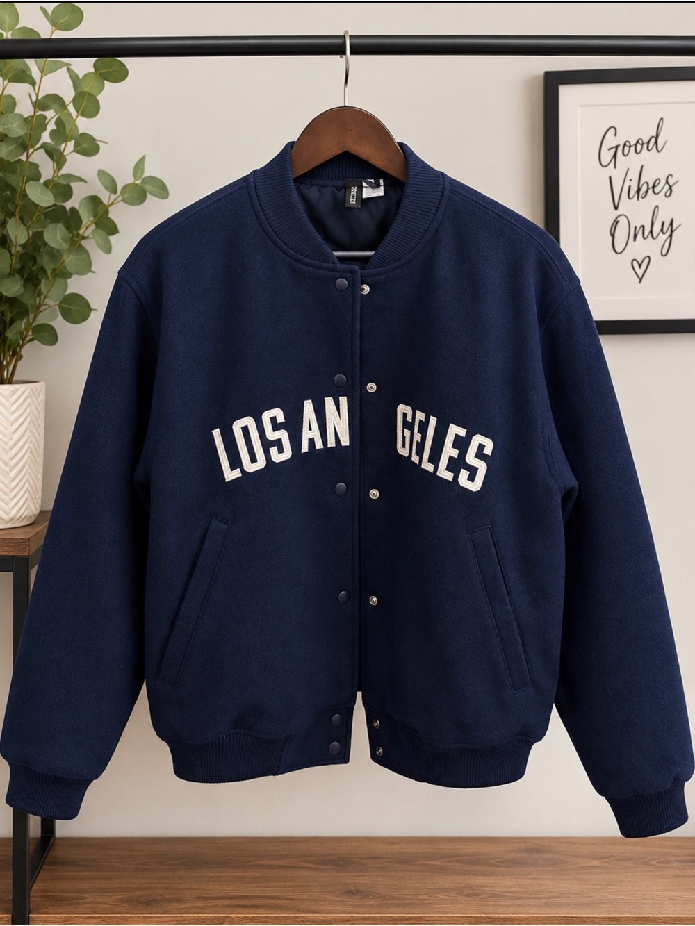 H&M Navy Varsity Bomber Jacket with White Lettering